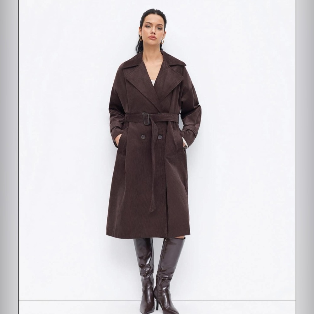 CIDER CORDUROY NOTCHED COLLAR DOUBLE BREASTED TRENCH COAT WITH BELT - medium